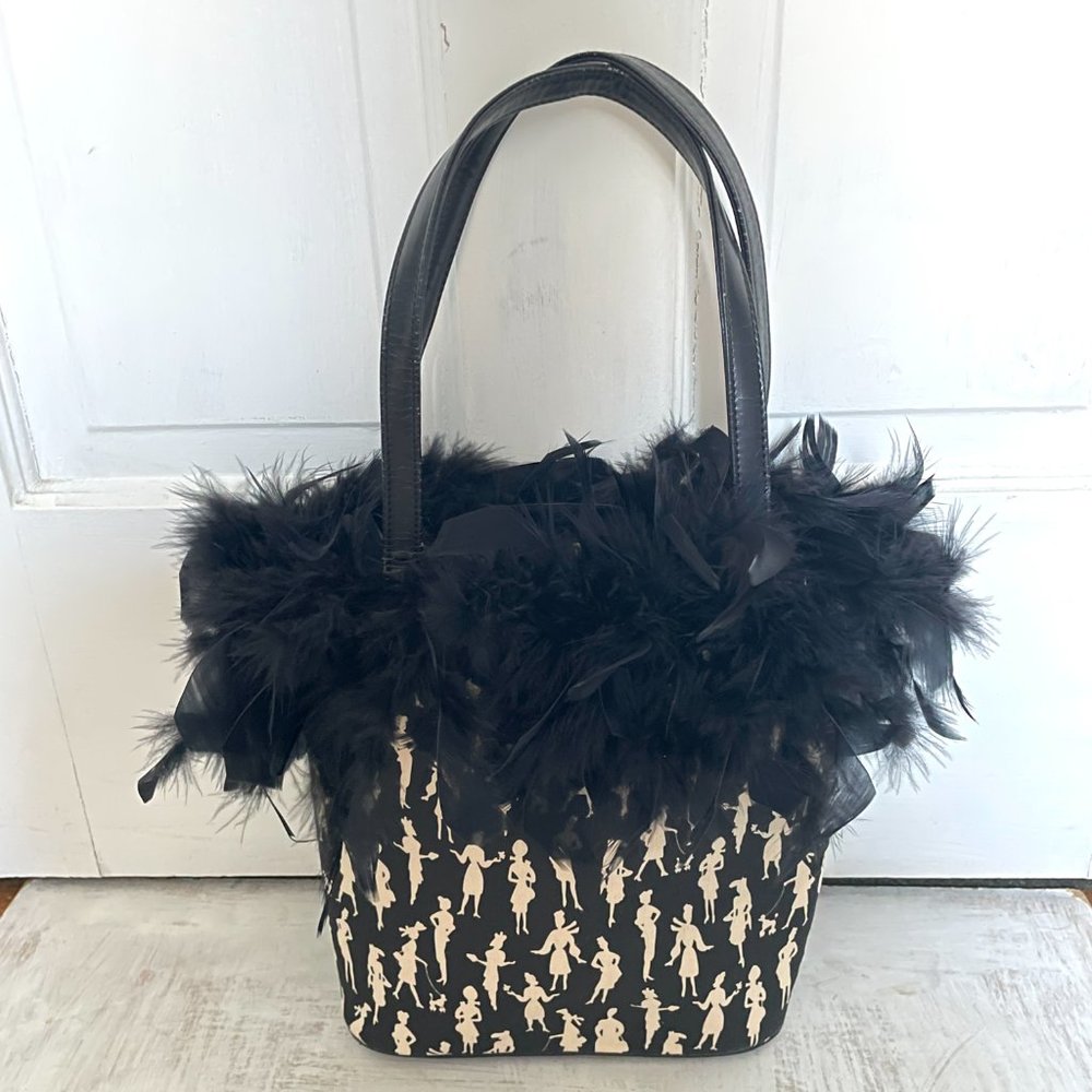 Vintage Black Feather Mini Tote Purse with Silhouettes